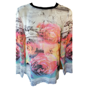Sheer long sleeve floral roses & mountain landscape mesh style long sleeve shirt